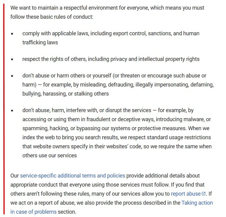 Google Terms of Service: Rules of conduct section