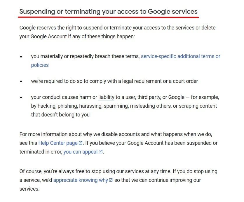 Google Terms of Service: SUspending or terminating access section