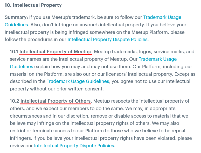 Meetup Terms of Service: Intellectual Property clause