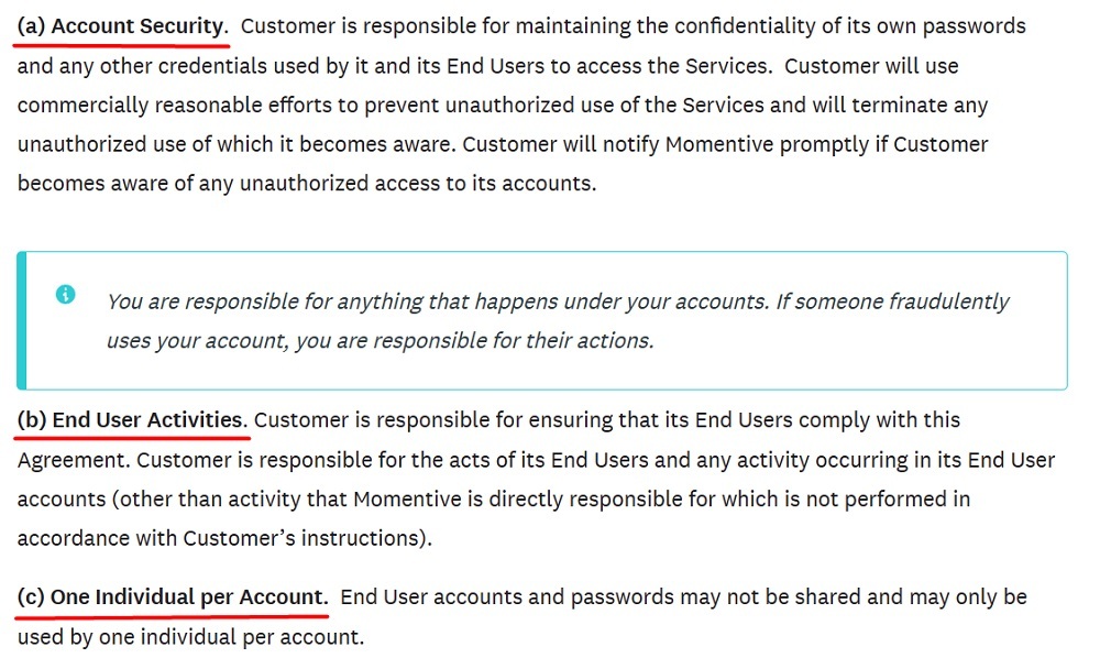 Momentive Governing Services Agreement: Account Security and End User Activities clauses