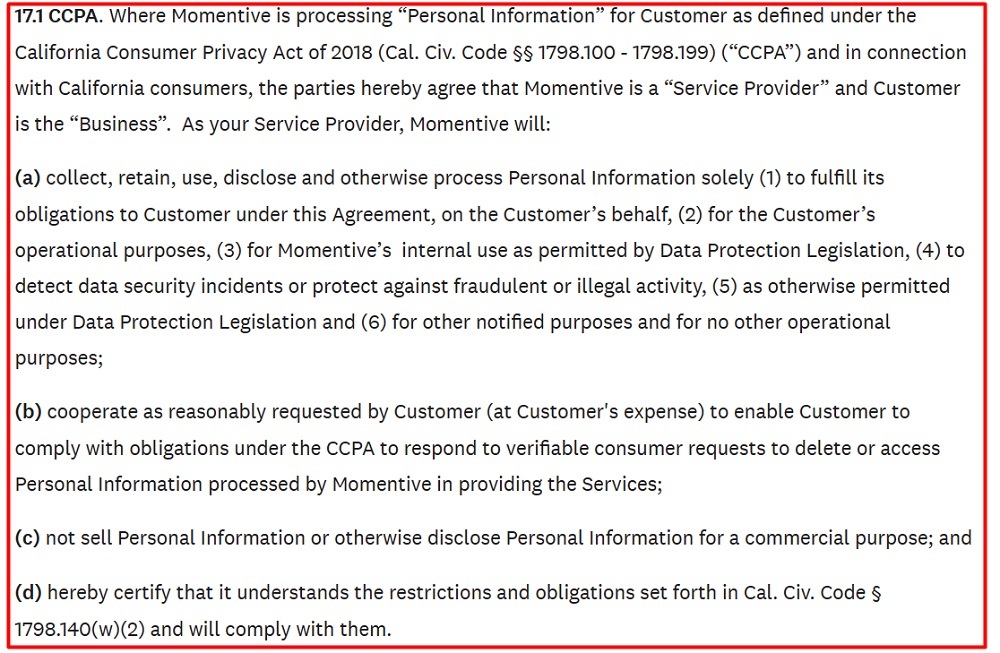 Momentive Governing Services Agreement: CCPA clauses