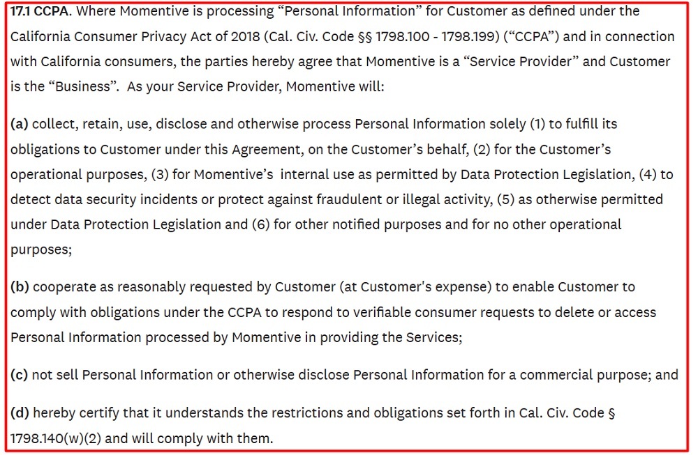 Momentive Governing Services Agreement: CCPA clauses