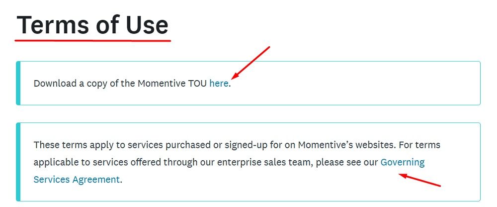 Momentive Terms of Use with Download and Governing Services Agreement links highlighted