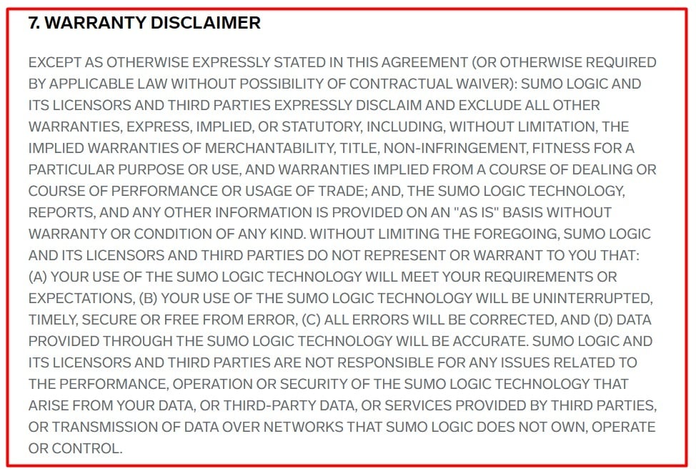 Sumo Logic Service Agreement: Warranty Disclaimer