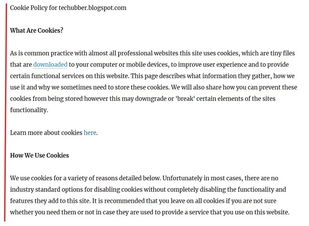 Techuber Cookie Policy excerpt