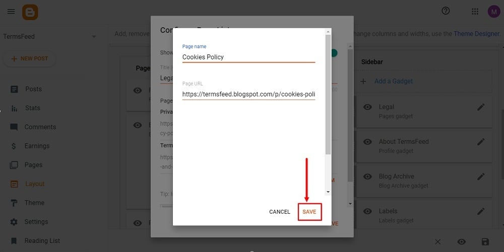 TermsFeed Blogger: Layout - The Legal Pages Gadget  - New Item Cookies Policy page  - Save button