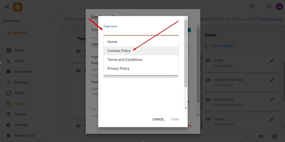 TermsFeed Blogger: Layout - The Legal Pages Gadget - Page list  - Add a New Item - Cookies Policy page selected