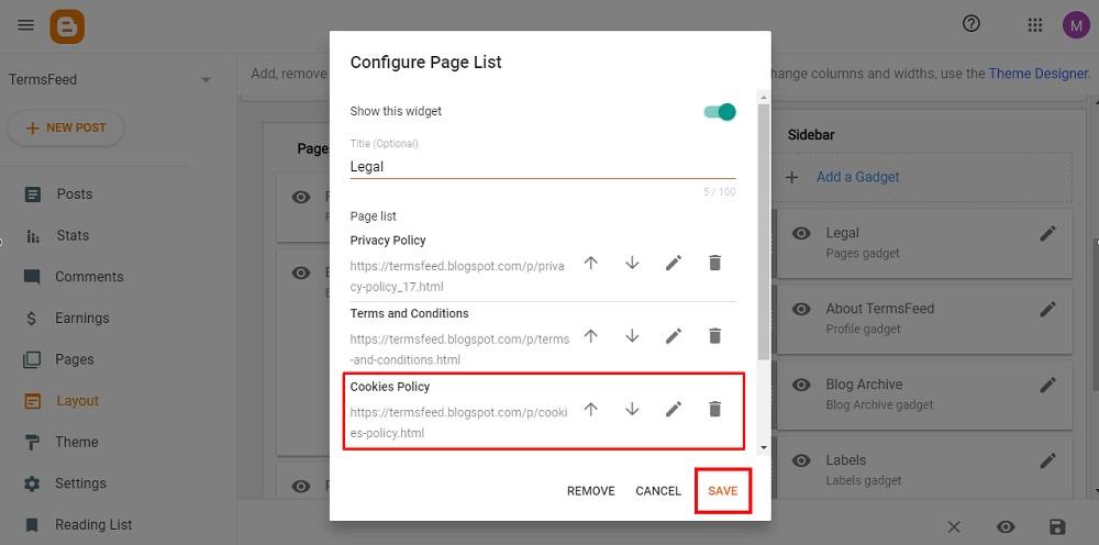 TermsFeed Blogger: Layout - The Legal Pages Gadget - Cookies Policy page added - Save button