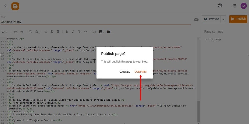 TermsFeed Blogger: Pages - Cookies Policy - HTML added - Publish confirm