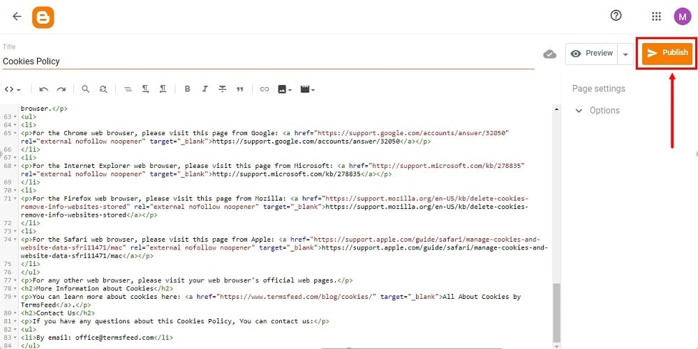 TermsFeed Blogger: Pages - Cookies Policy - HTML added - Publish highlighted
