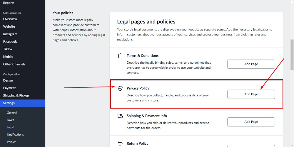 TermsFeed Ecwid: Legal pages and policies - Add Page option for Privacy Policy