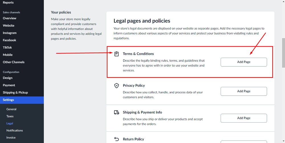 TermsFeed Ecwid: Legal pages and policies - Add Page option for Terms and Conditions