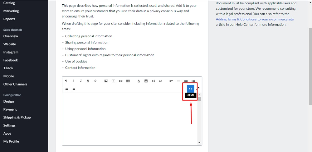 TermsFeed Ecwid: Terms and Conditions Page Editor - HTML option selected