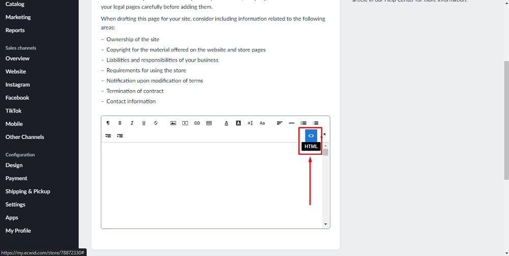 TermsFeed Ecwid: Terms and Conditions Page Editor - HTML icon editor