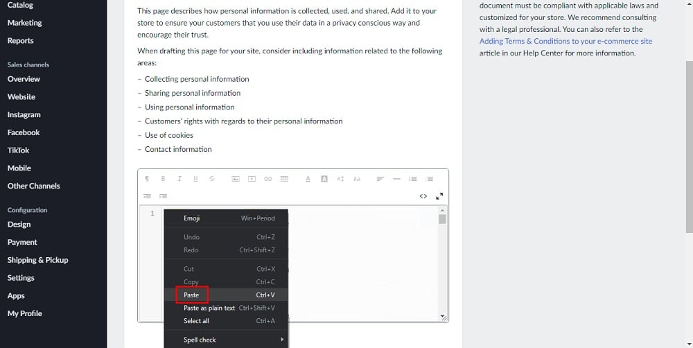 TermsFeed Ecwid: Privacy Policy Page Editor - Paste HTML code