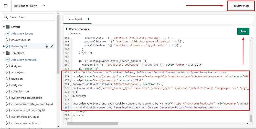 TermsFeed Shopify: Code Editor - theme.liquid file with pasted Free Cookie Consent Notice Banner into the body of the code with the Save button highlighted
