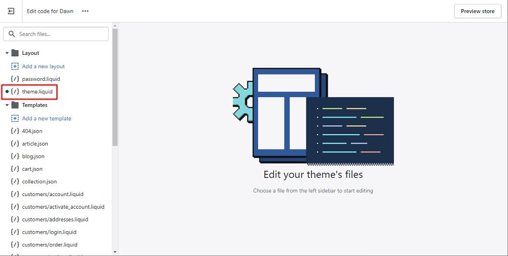 TermsFeed Shopify: Code Editor - Layout with theme.liquid file highlighted