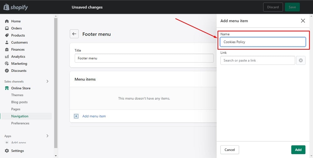 TermsFeed Shopify: Navigation - Footer Menu - Add menu item - Name your menu Cookies Policy highlighted