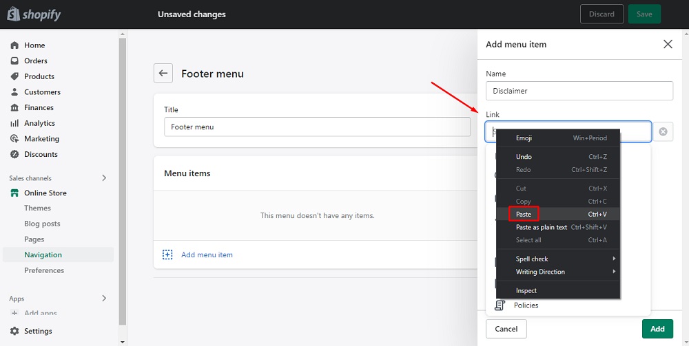 TermsFeed Shopify: Navigation - Footer Menu - Add menu item - Paste Disclaimer URL into Link field highlighted