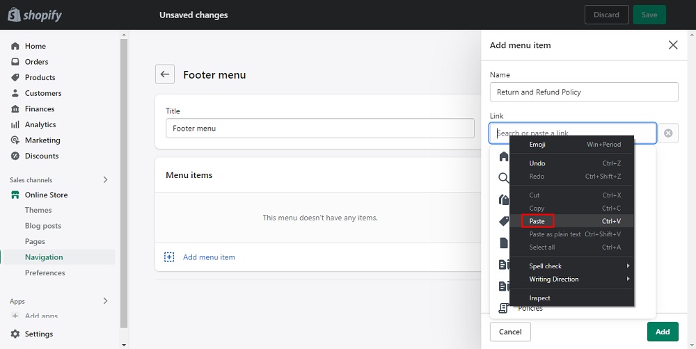 TermsFeed Shopify: Navigation - Footer Menu - Add menu item - Paste Return and Refund Policy URL into Link field highlighted