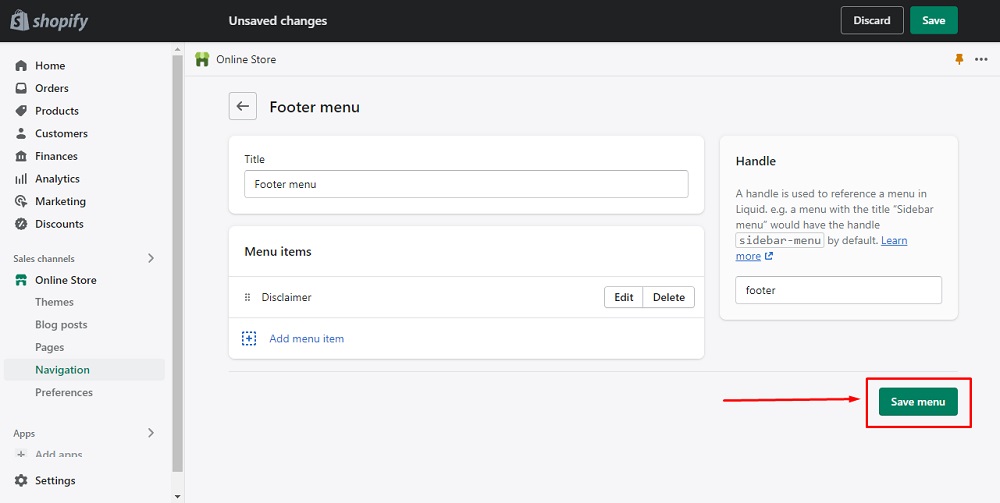 TermsFeed Shopify: Footer Menu - Disclaimer menu item added with Save menu button highlighted