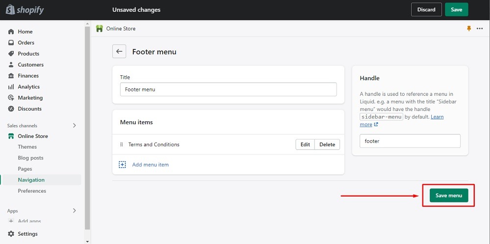 TermsFeed Shopify: Footer Menu - Terms and Conditions menu item added with Save menu button highlighted