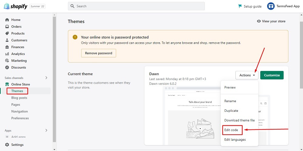 TermsFeed Shopify: Editor - Online Store - Actions - Editor code highlighted