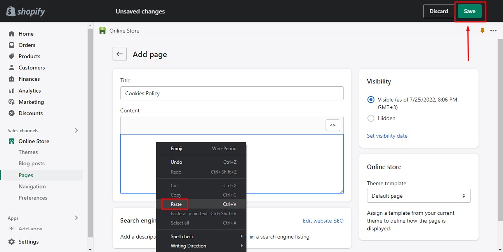 TermsFeed Shopify: Pages - Paste Cookies Policy HTML code into Content field and click on Save button highlighted