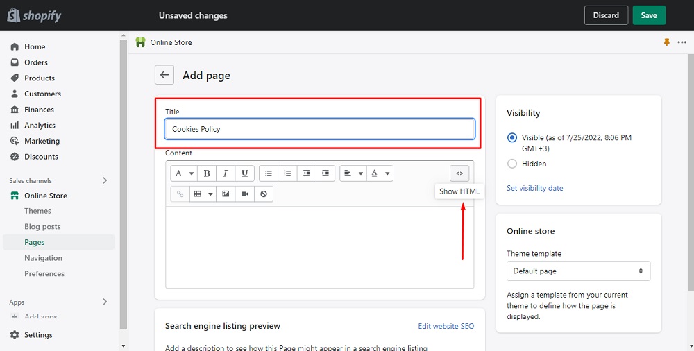 TermsFeed Shopify: Pages - Add Page Title Cookies Policy highlighted