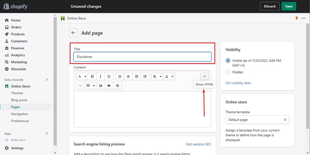 TermsFeed Shopify: Pages - Add Page Title Disclaimer highlighted