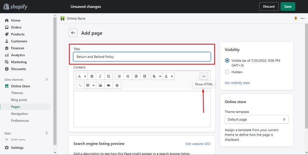 TermsFeed Shopify: Pages - Add Page Title Return and Refund Policy highlighted