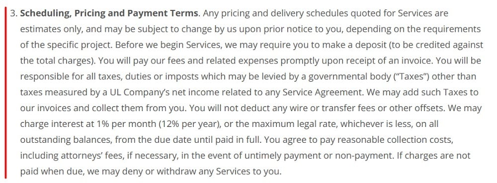 UL Solutions Global Services Agreement: Scheduling Pricing and Payment Terms clause