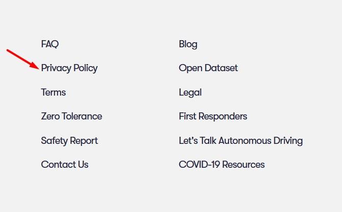 Waymo website footer with Privacy Policy link highlighted
