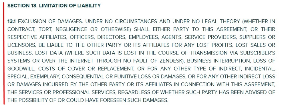 Zendesk Main Services Agreement: Limitation of Liability clause
