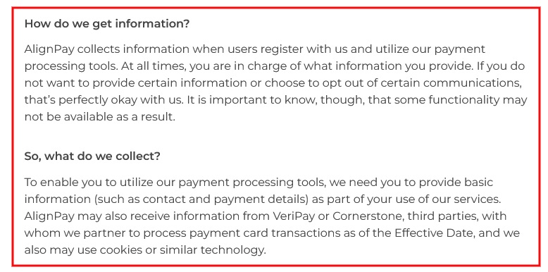 Align Pay Privacy Policy excerpt