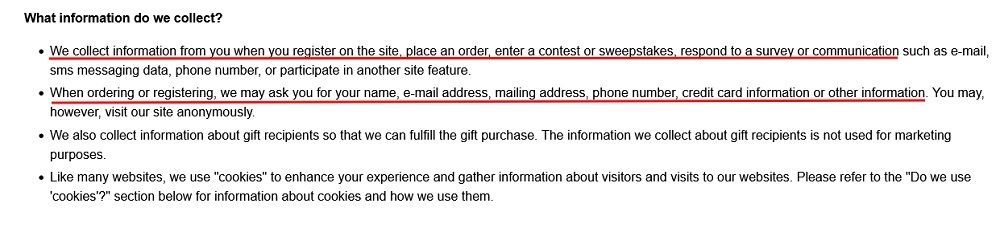 American Blanket Company Privacy Policy: What information do we collect clause