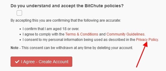 BitChute Create Account form: Privacy Policy link highlighted