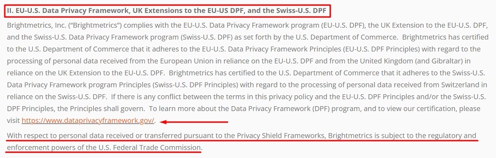 Brightmetrics Privacy Policy: EU-U.S. Data Privacy Framework clause