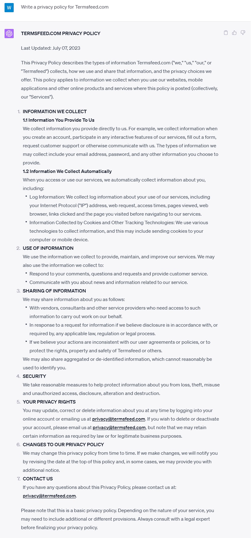 ChatGPT Privacy Policy Example 1