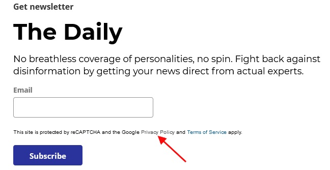 The Daily email sign-up form with the Privacy Policy link highlighted