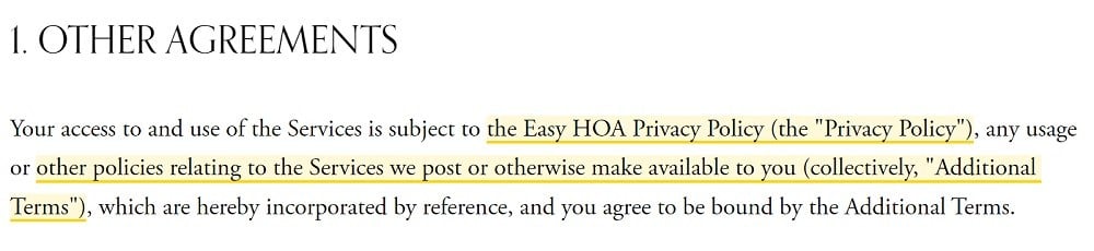EasyHOA Terms and Conditions: Other Agreements clause