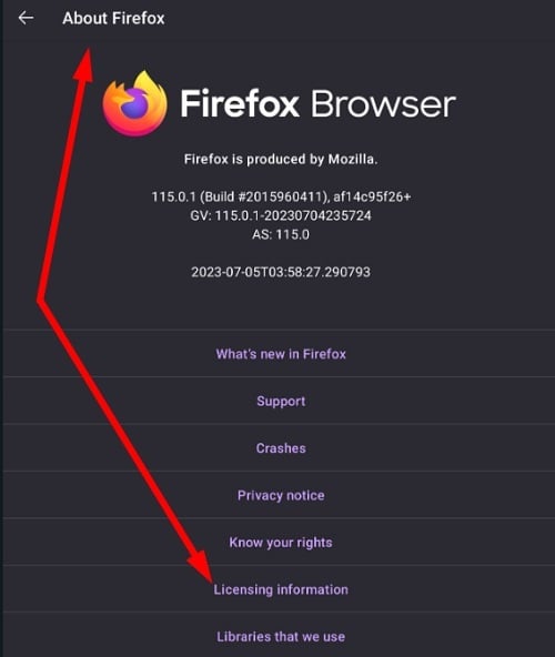Firefox Android app Settings menu: Licensing information link highlighted
