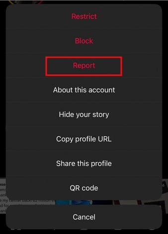 Instagram mobile example: An account with three dots - the Report option highlighted