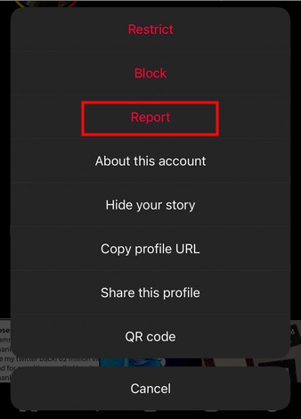 Instagram mobile example: An account with three dots - the Report option highlighted