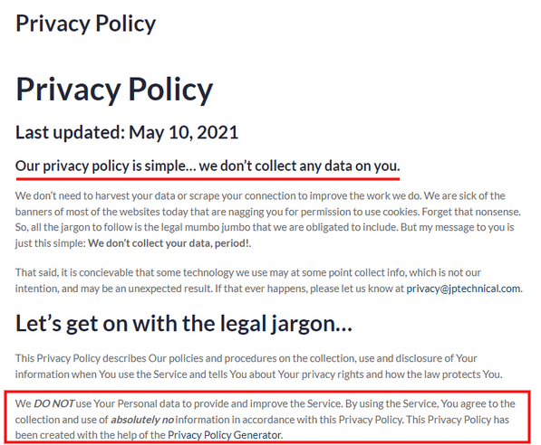 JP Technical Privacy Policy excerpt