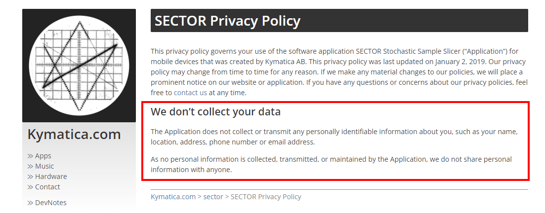 Kymatica Privacy Policy: No data collected clause