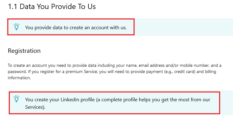 LinkedIn Privacy Policy: Data you provide to us clause excerpt