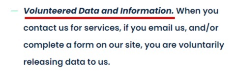 Mika Myers Privacy Policy: Volunteered Data and Information clause