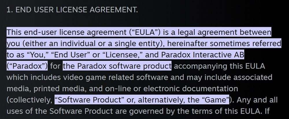 Paradox Interactive EULA: Intro clause