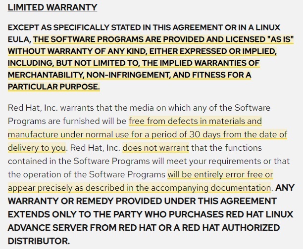 Red Hat EULA: Warranty Disclaimer